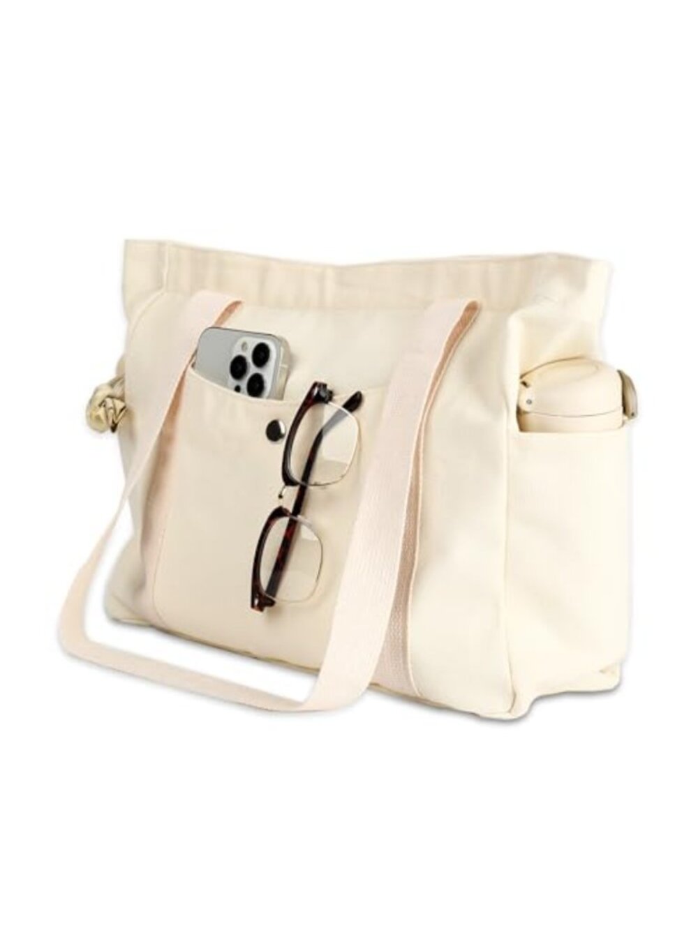 Canvas Tote Bag Zippered Multi-Pocket Shoulder Handbag for Women Men